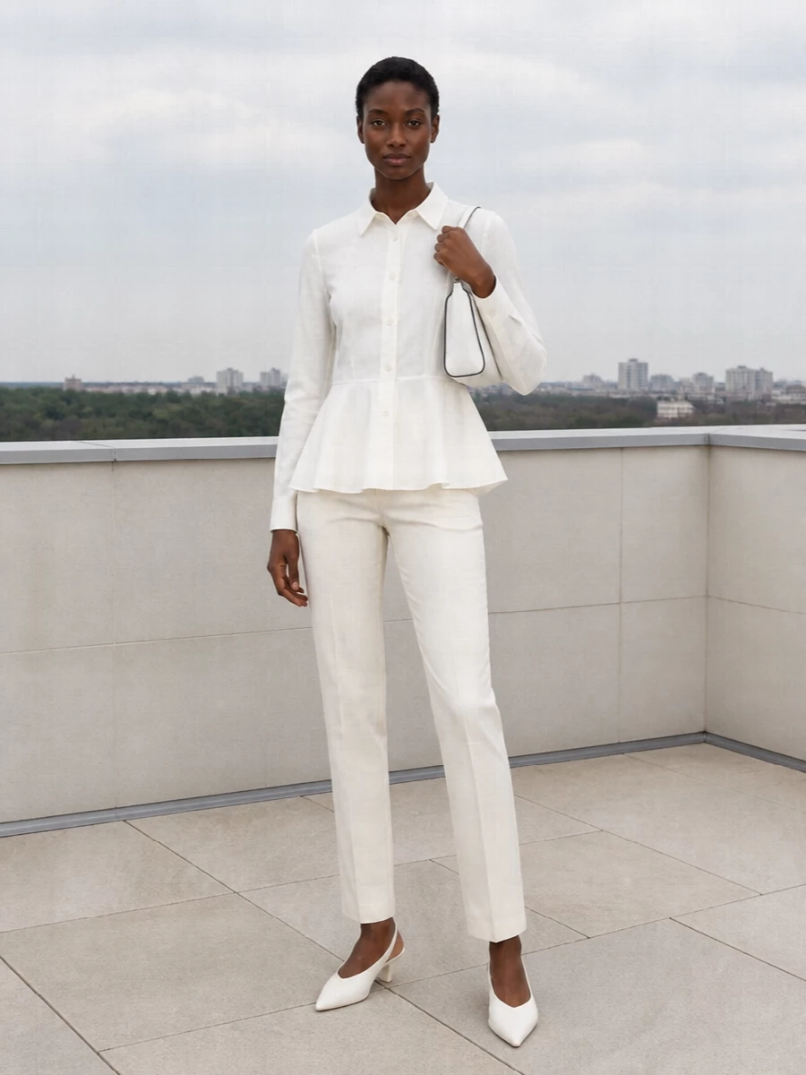 Loewe white shirt ivory tailored trousers outfit