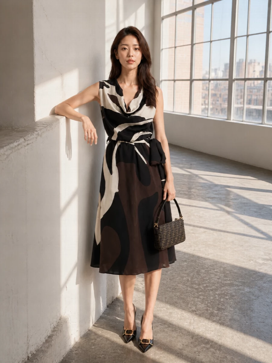A sculpted Kiton wrap dress in deep espresso tones plays directly into the Fendi baguette’s rich brown monogram, creating a cohesive, gallery-to-dinner ensemble. The abstract print keeps it modern while the belted waist defines the figure without competing with the structured baguette. Glossy black Givenchy slingbacks tie in the bag’s gold hardware and sharpen the midi length for a discreetly dressy finish.