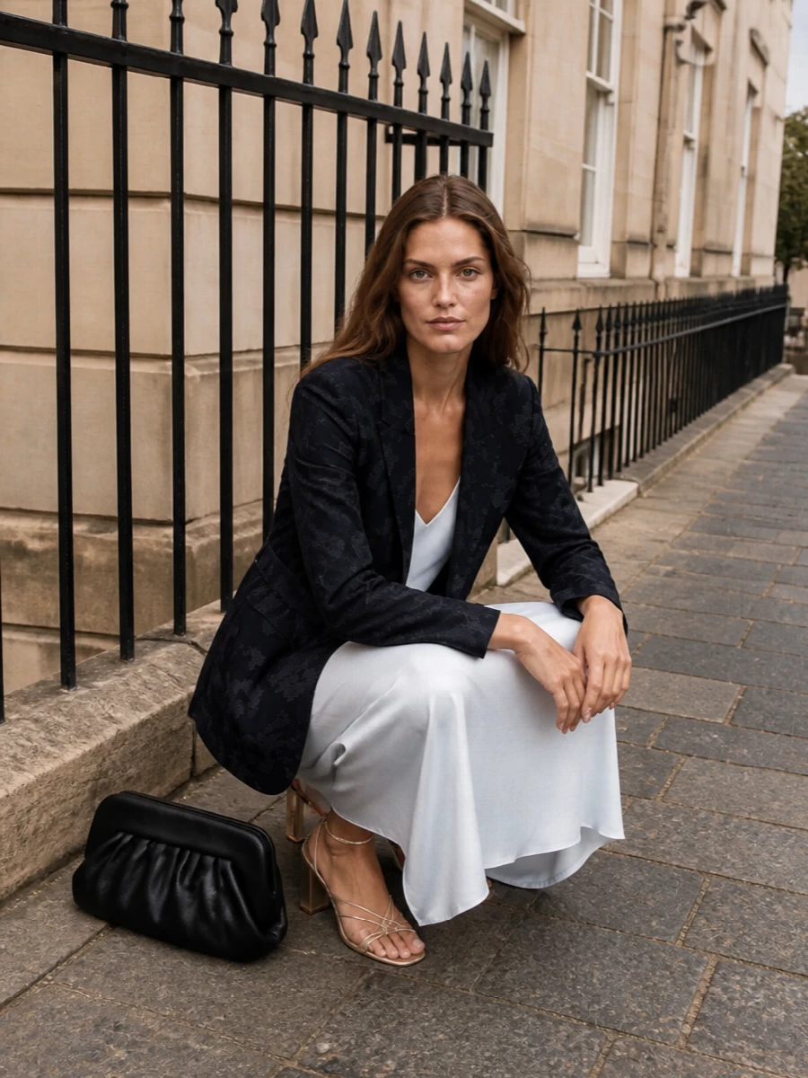 I am styling the Forte Forte jacquard blazer over the icy satin slip dress rather than wide-leg trousers, because the dress lets the blazer behave like a soft tuxedo and keeps the line long and fluid instead of heavy. Champagne-strapped heels pick up the blazer’s subtle sheen and the dress’s liquid light, while a structured black clutch ties back to the inky floral and makes the whole combination read as considered evening tailoring rather than resort. The result is romantic, quiet and a touch cinematic, perfect for terrace dinners or late gallery openings where you want polish without stiffness.