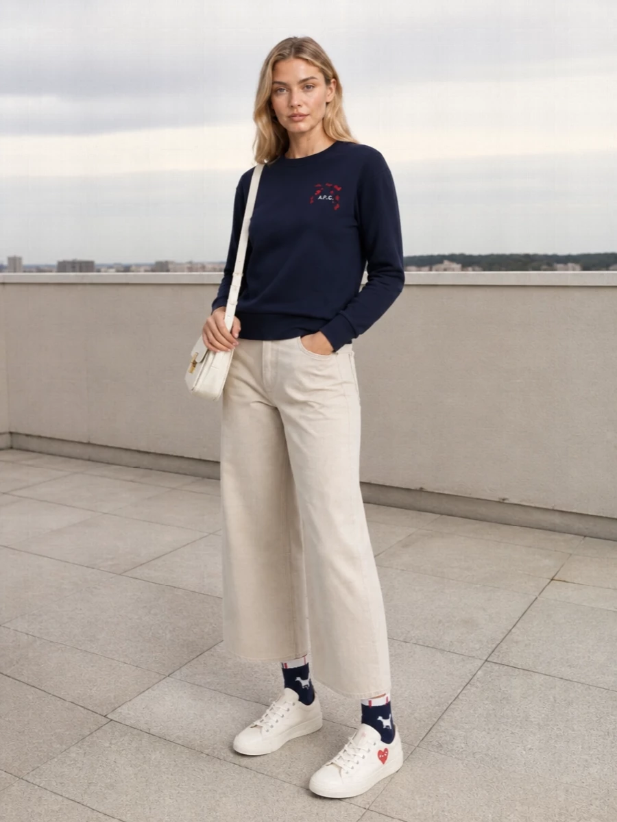 Apc navy sweatshirt beige wide leg trousers outfit