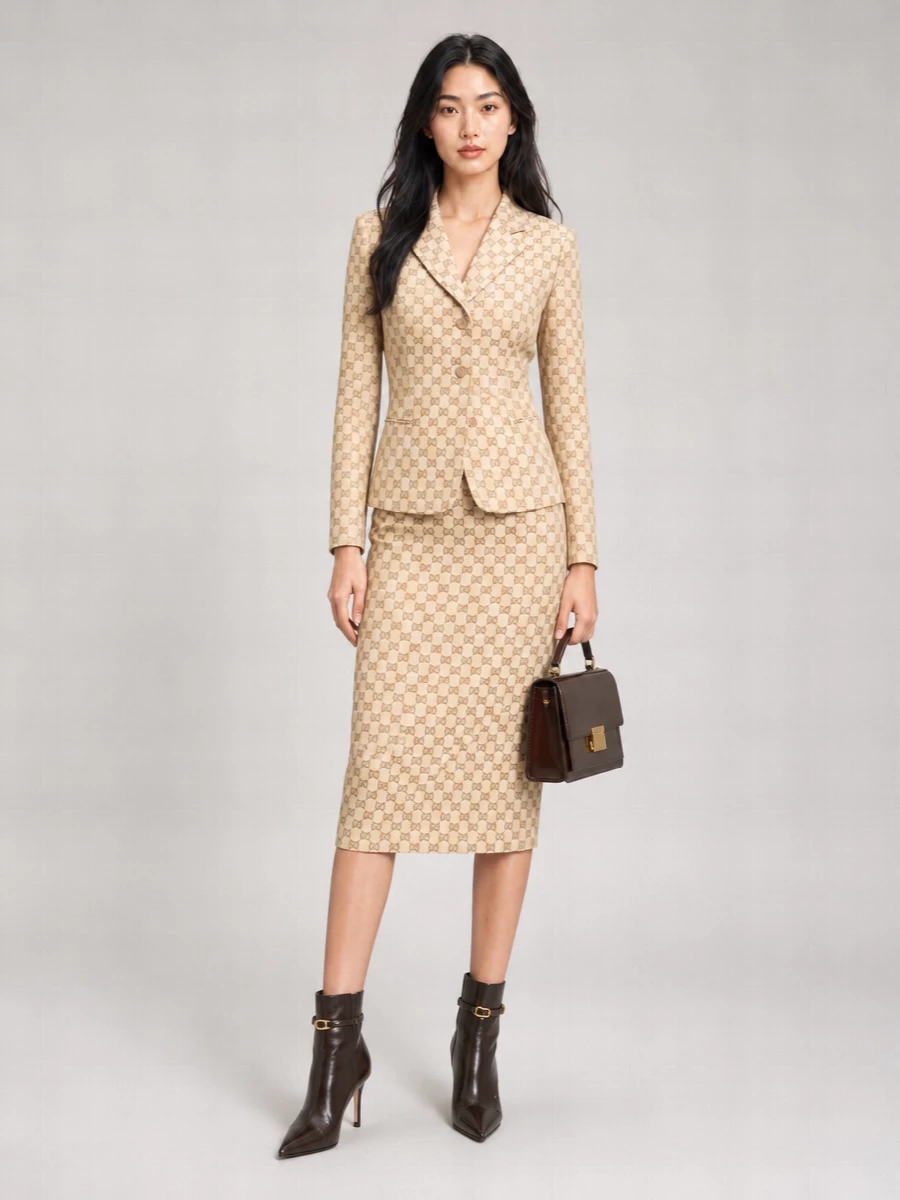 A monochrome camel story keeps the Gucci skirt front and center, with a taupe longline blazer framing the waist for a clean, preppy suit effect. Deep espresso ankle boots and a structured patent top‑handle sharpen the line and ground the light neutrals. The result is boardroom polish with a warm, Italianate softness that moves easily into dinner reservations.
