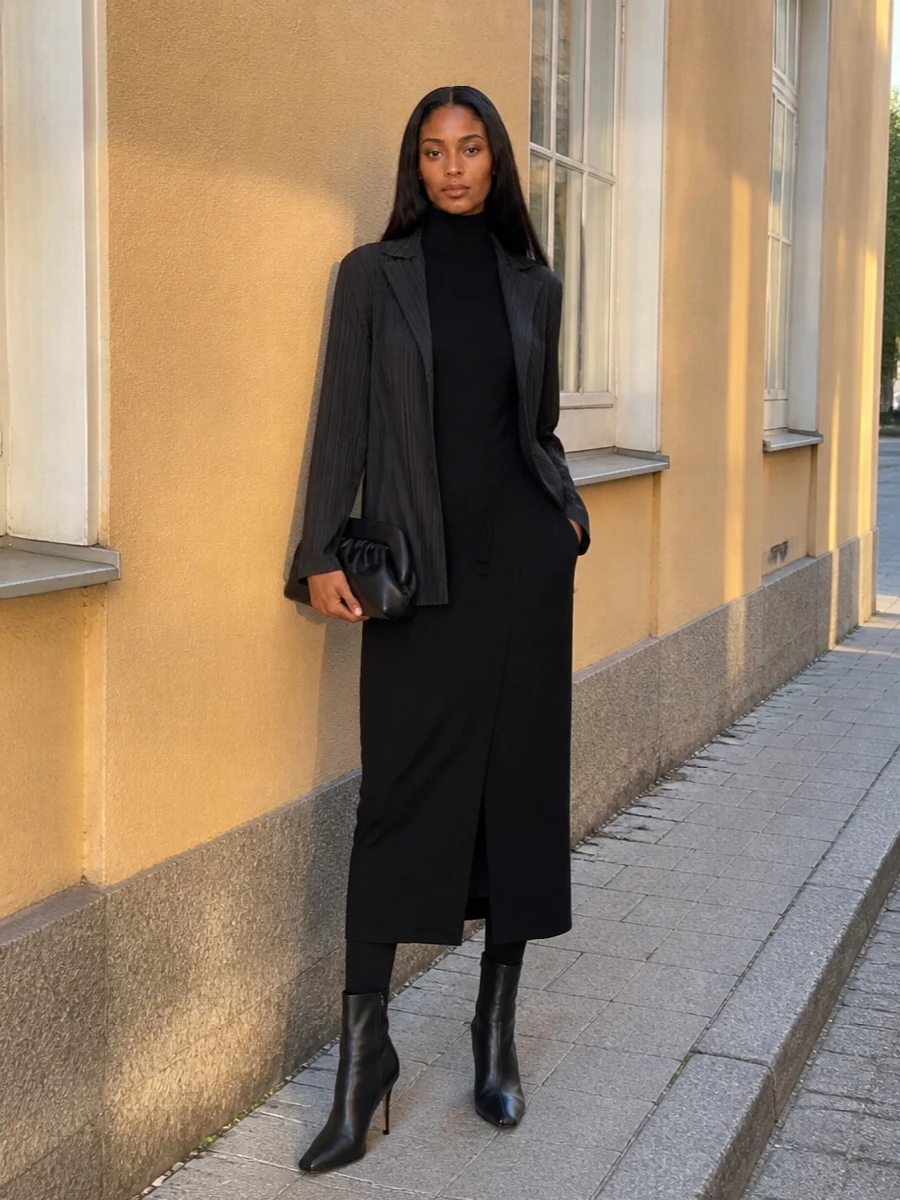Parosh black knit midi dress pleats please coat
