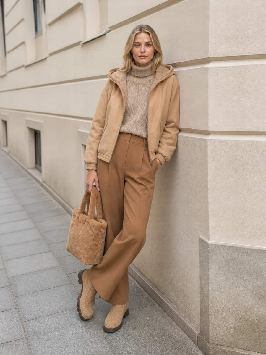 Herno camel hooded jacket wide leg trousers outfit