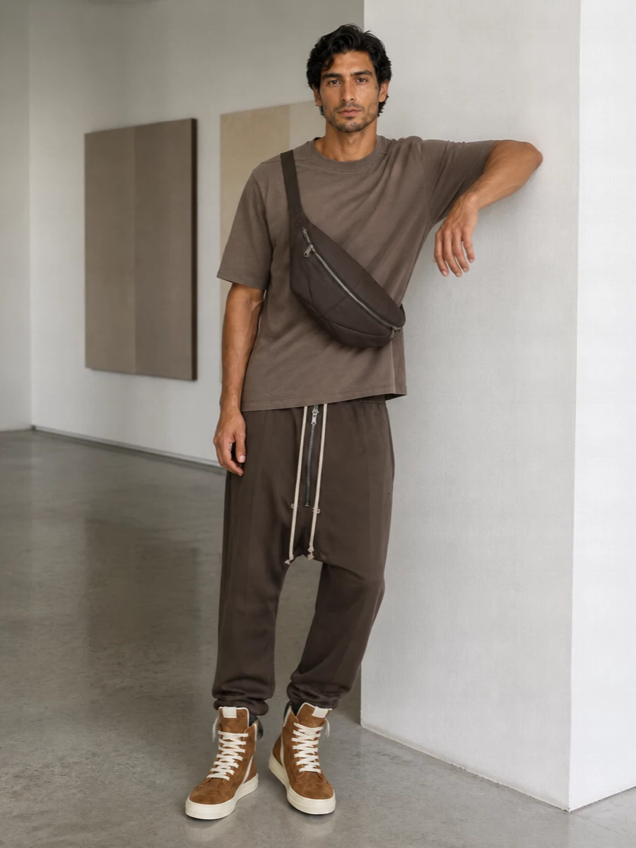 A warm, monochrome Rick edit built around taupe and chestnut keeps the drop-crotch trouser feeling calm and intentional rather than costume. The boxy tee and suede hi-tops echo each other’s volume, so the line reads long and relaxed, while the padded brown crossbody and subtle tabi socks quietly reinforce the streetwise, utilitarian mood.