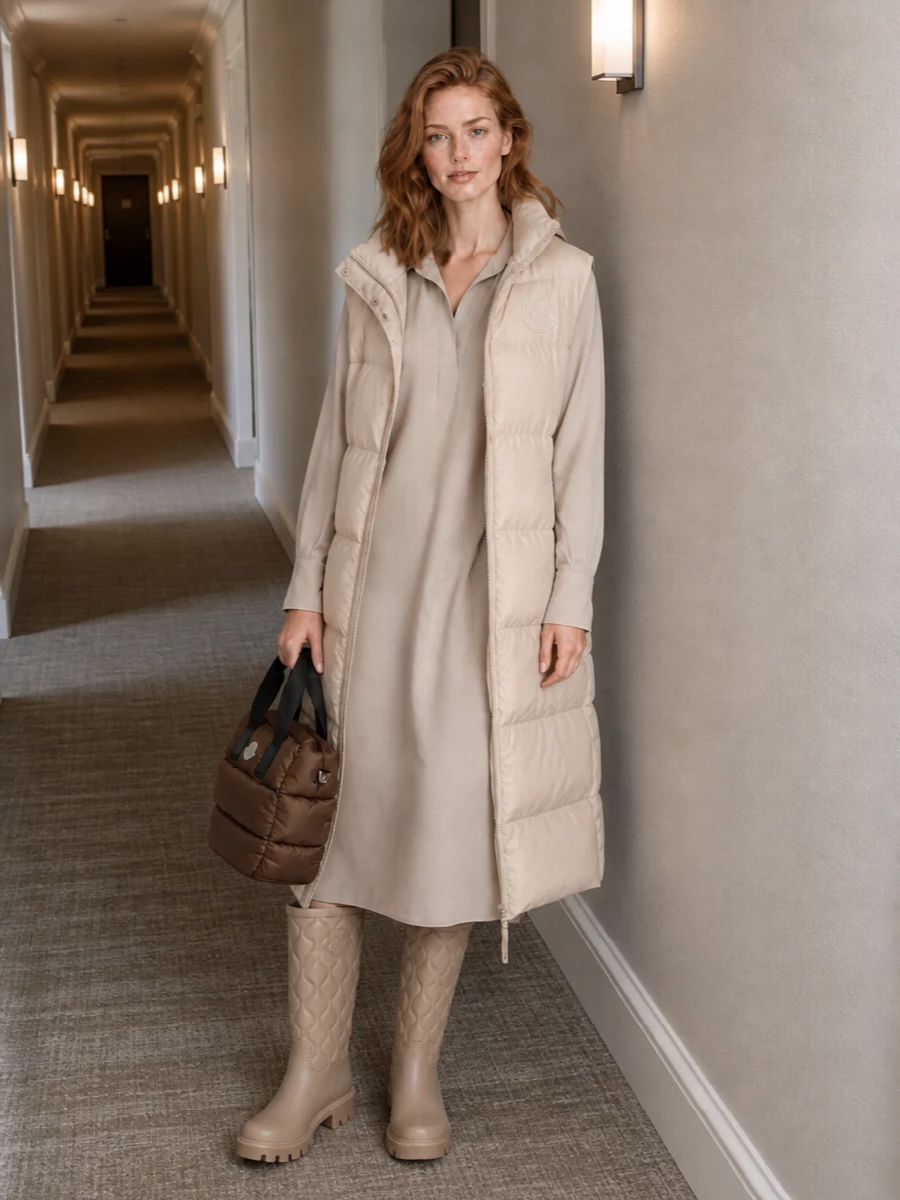 Moncler gilet max mara beige shirt dress outfit