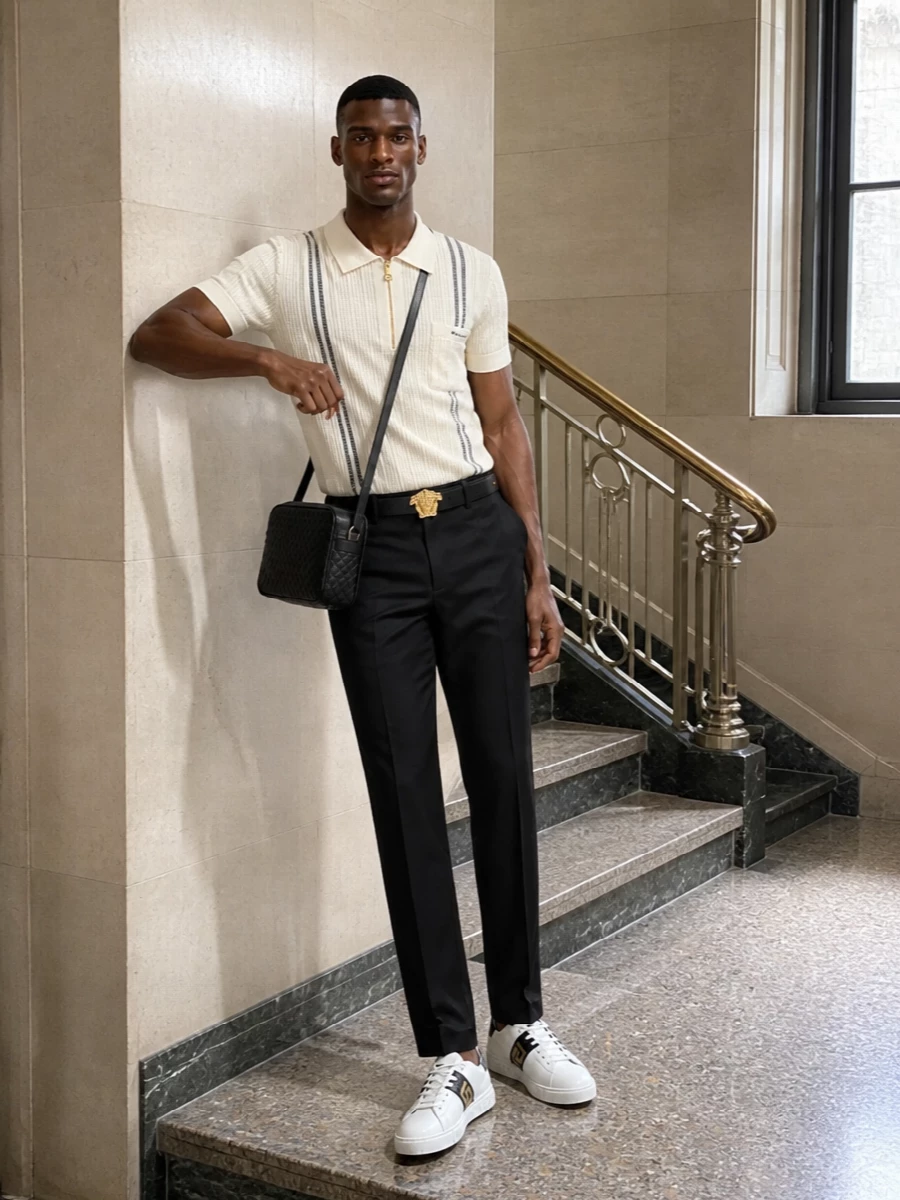 Versace cream knit polo black tailored trousers