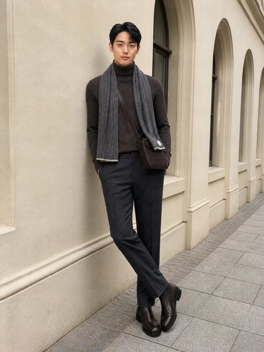 Prada charcoal trousers turtleneck chelsea boots