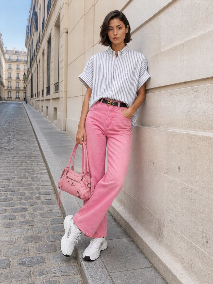 Balenciaga pink jeans striped shirt sneakers