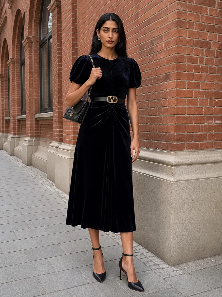 Victoria beckham velvet midi dress evening outfit