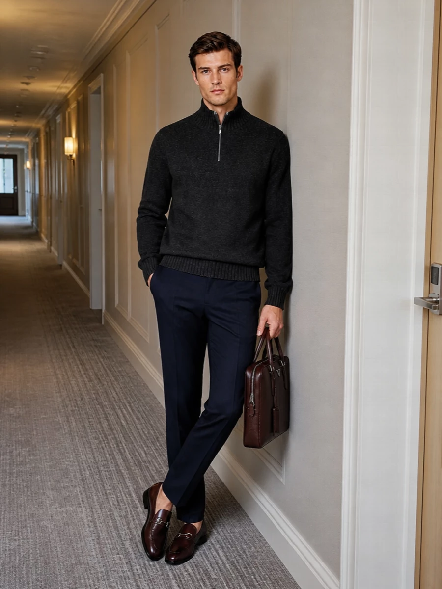 Ferragamo loafers navy trousers charcoal knit