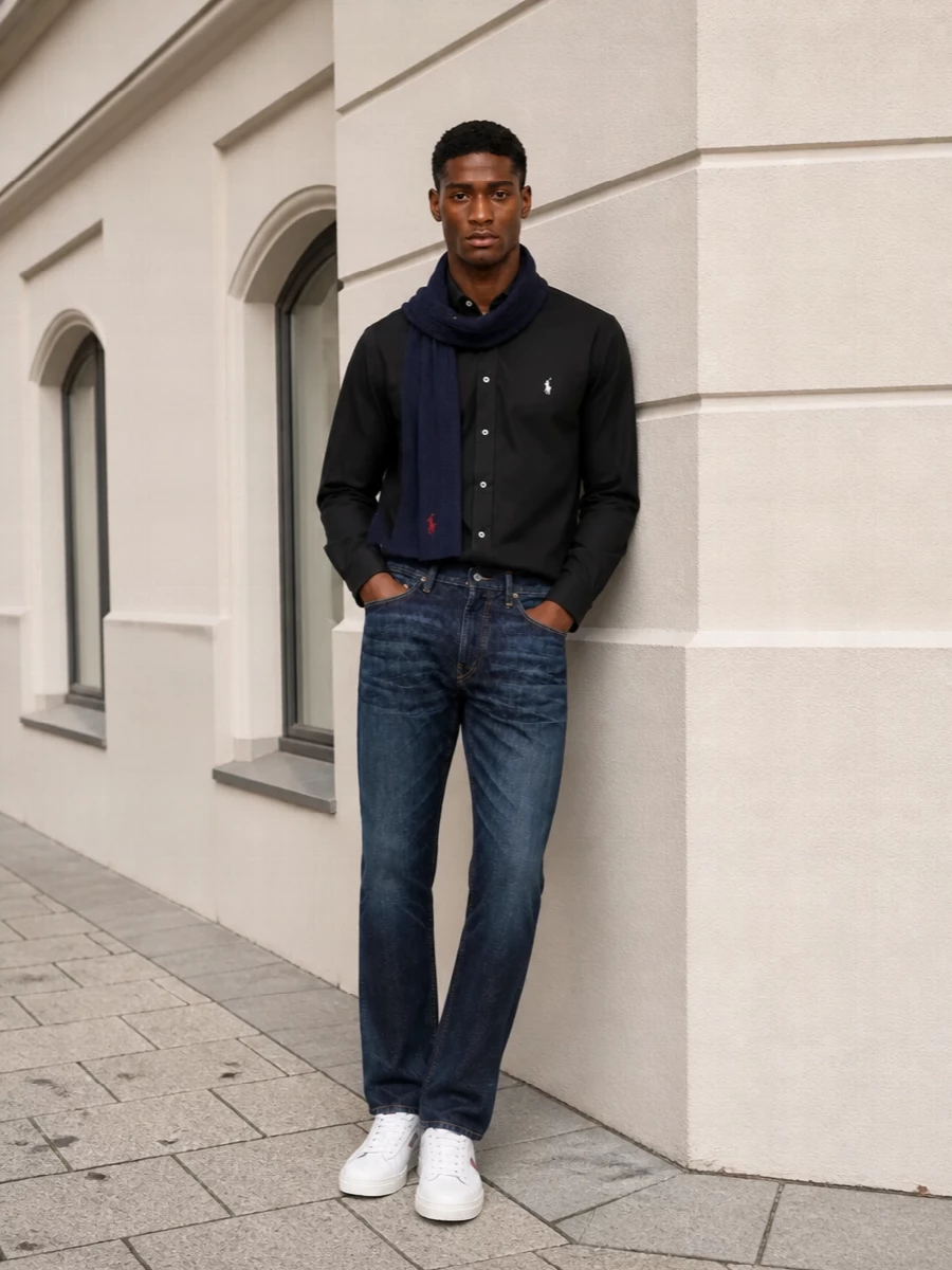 Polo ralph lauren black shirt dark jeans autry sneakers