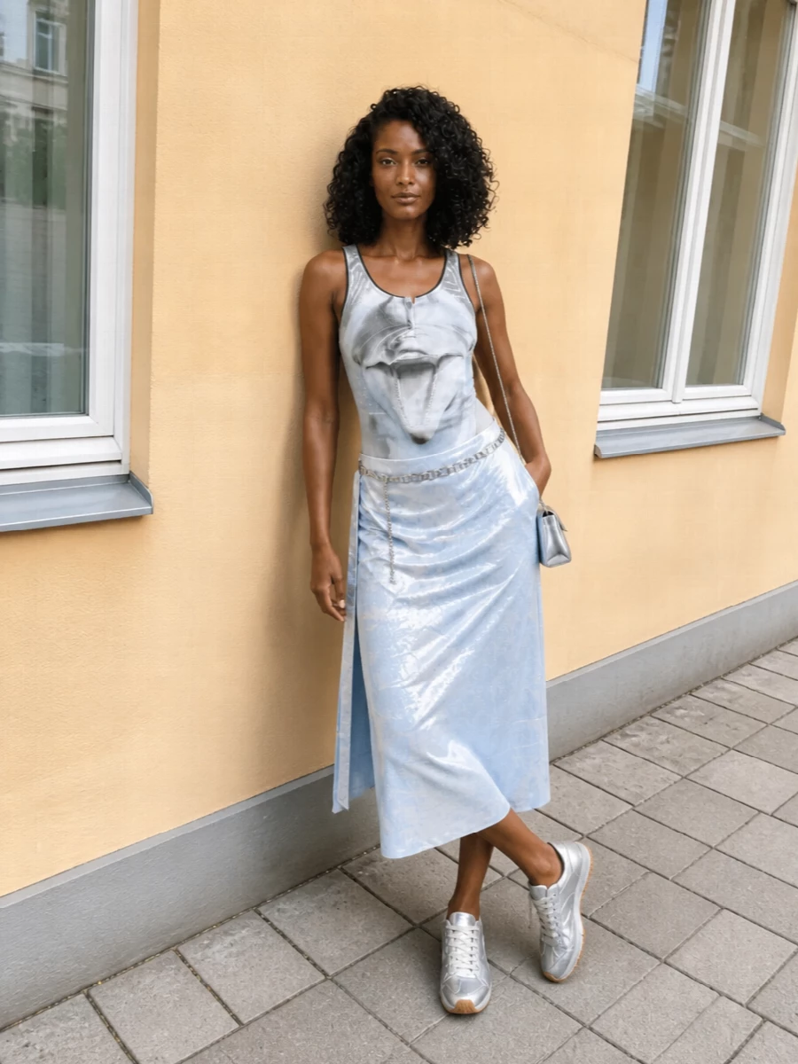 Diesel bodysuit metallic skirt silver sneakers