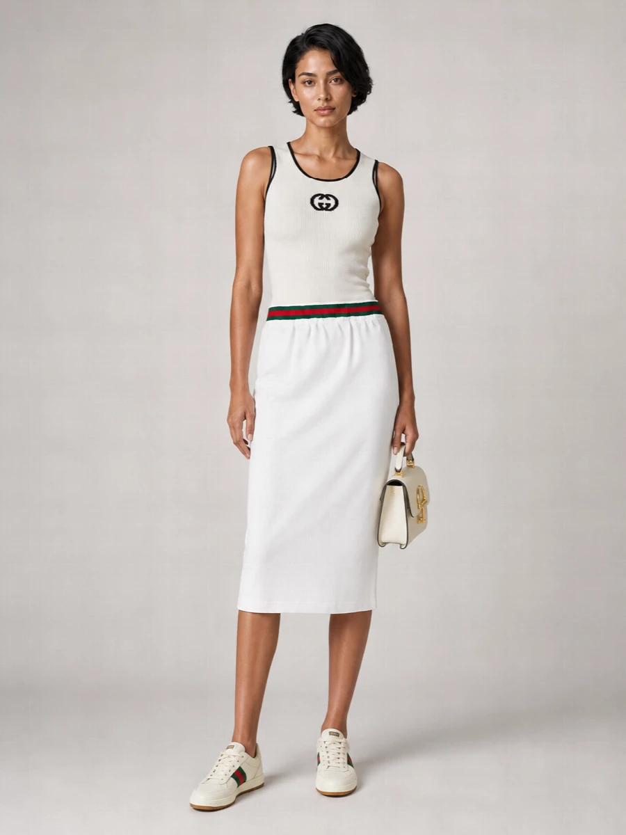 A quietly sporty city pairing that keeps everything clean and high-waisted: the ribbed tank tucks neatly into the elastic-waist midi, letting the web stripe sit as the key detail. Retro-leaning sneakers pick up the same heritage colors without adding weight, while the structured ivory top-handle and slim belt bring just enough polish to feel intentional rather than gym-bound. It is relaxed, logo-aware dressing that still reads composed and modern for daytime.