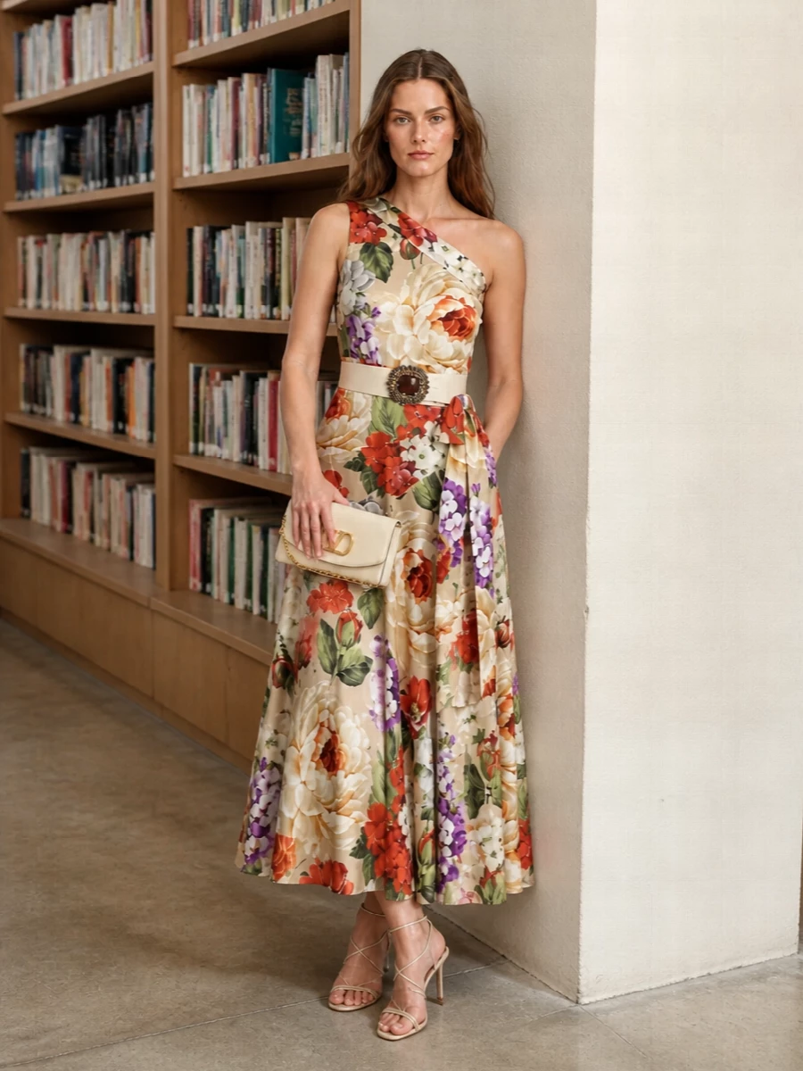 Dolce gabbana floral one shoulder dress gold sandals
