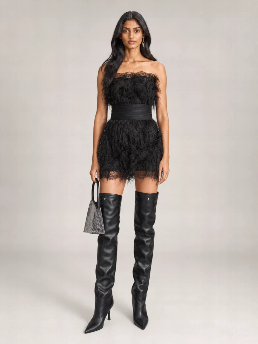 The Attico Lace Feather Strapless Mini Dress