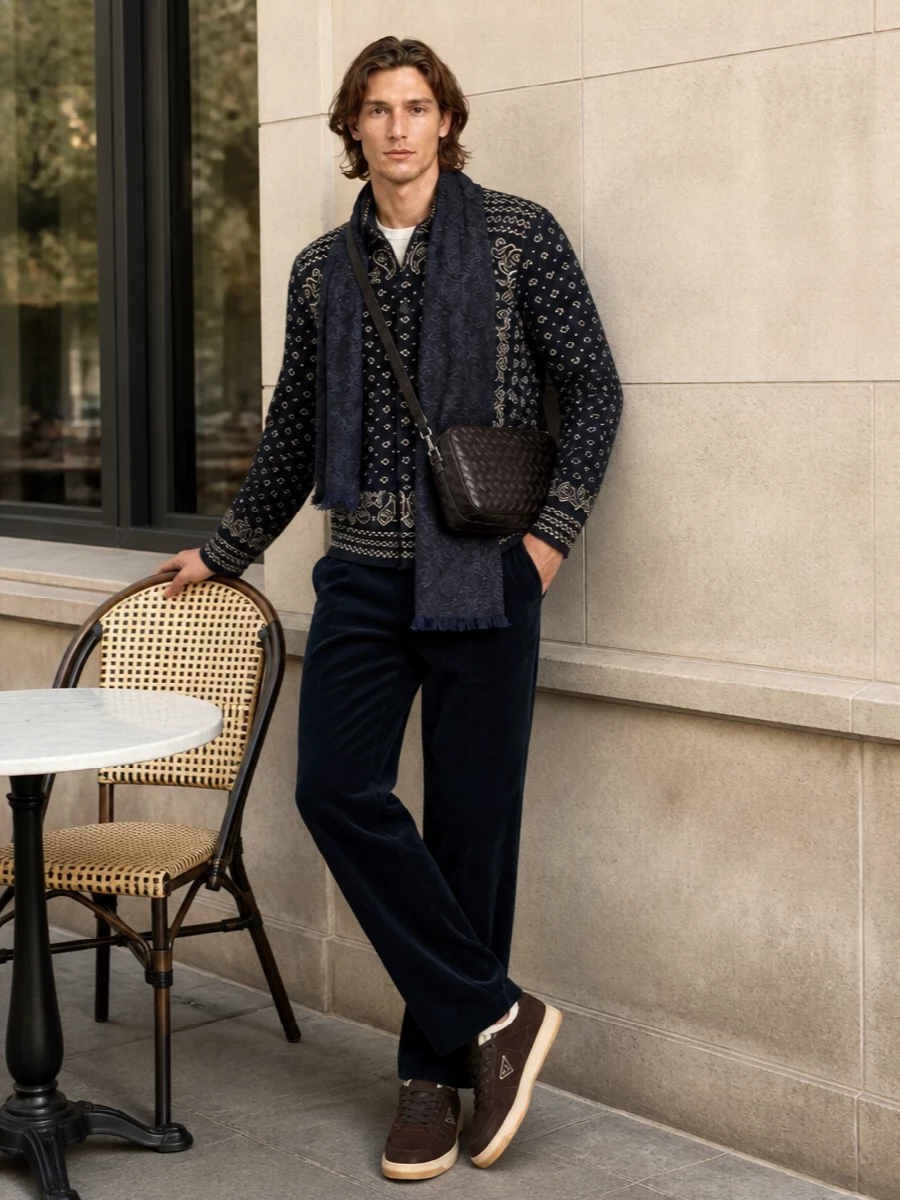 Navy and buttercream patterning sits against inky corduroy for a refined take on boho streetwear, grounded by rich brown shearling sneakers. The straight-leg trouser keeps the silhouette clean while the woven crossbody and paisley scarf add layered texture without shouting. It is an easy winter uniform for gallery afternoons, low-key dinners, and city weekends where comfort and detail both matter.
