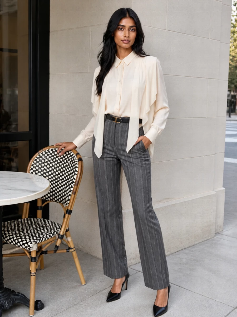 Stella mccartney pinstripe trousers ivory shirt outfit