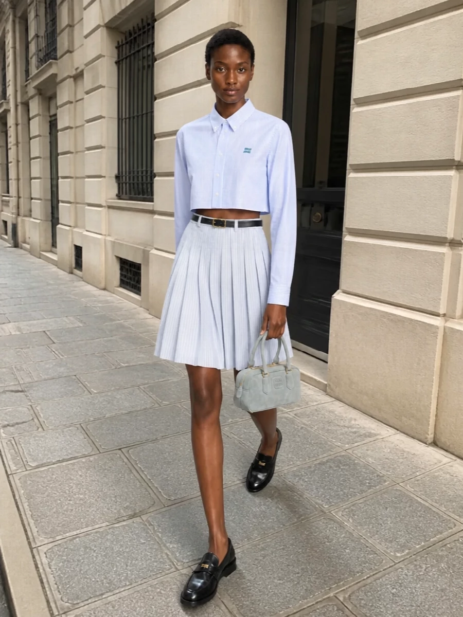 This look leans into a refined school-uniform mood: the ice-grey pinstriped pleated skirt paired with the cropped blue striped shirt creates a clean, high-waisted silhouette that feels both intellectual and fresh. Black penny loafers and a slim belt ground the palette with classic preppy structure, while the dusty blue-grey mini bowler bag adds a soft, tonal hit of luxury that keeps everything quietly elevated rather than literal.