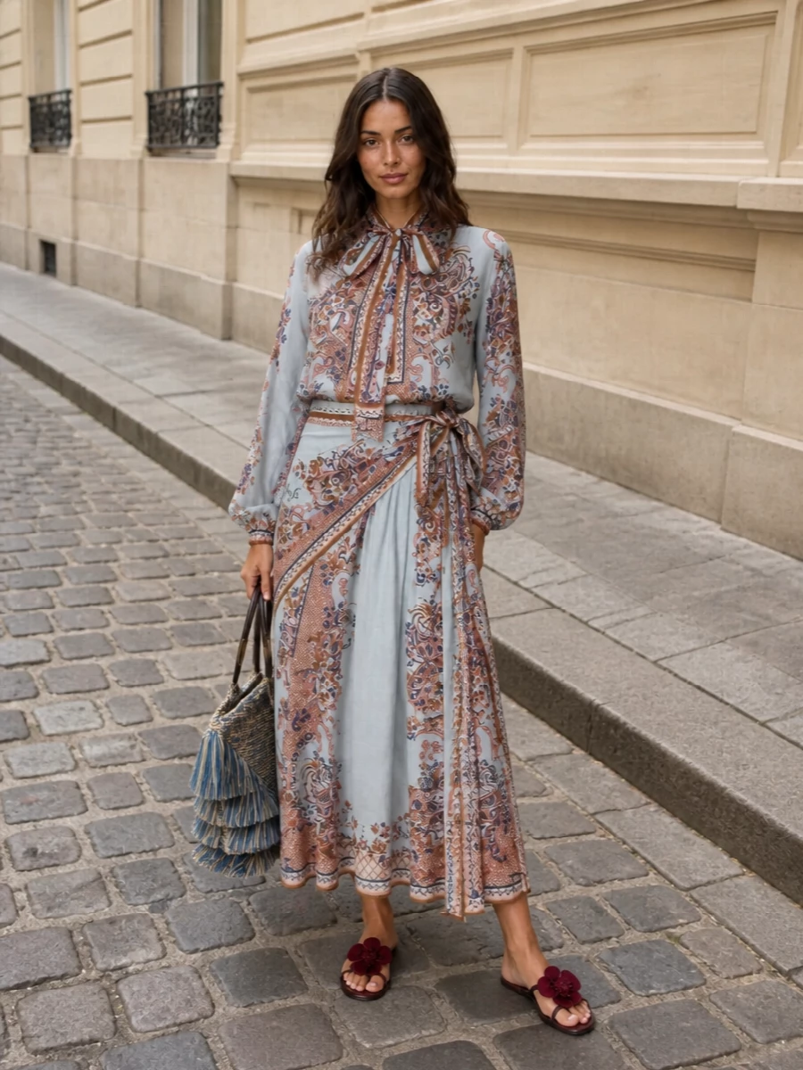 Zimmermann scarf print skirt silk blouse outfit