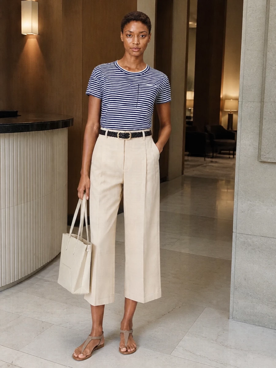 Brunello cucinelli striped tee cream wide leg trousers