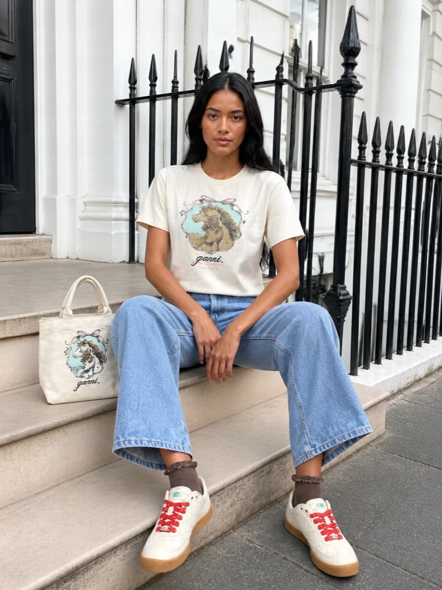 Ganni pony tshirt wide leg jeans sneakers