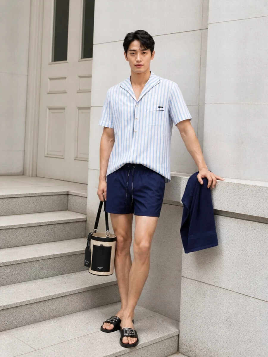 Dolce gabbana navy swim shorts striped camp shirt