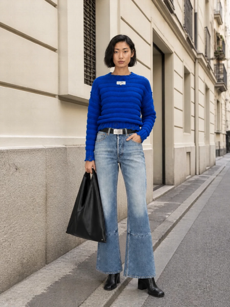 Mm6 wide leg jeans cobalt knit black boots