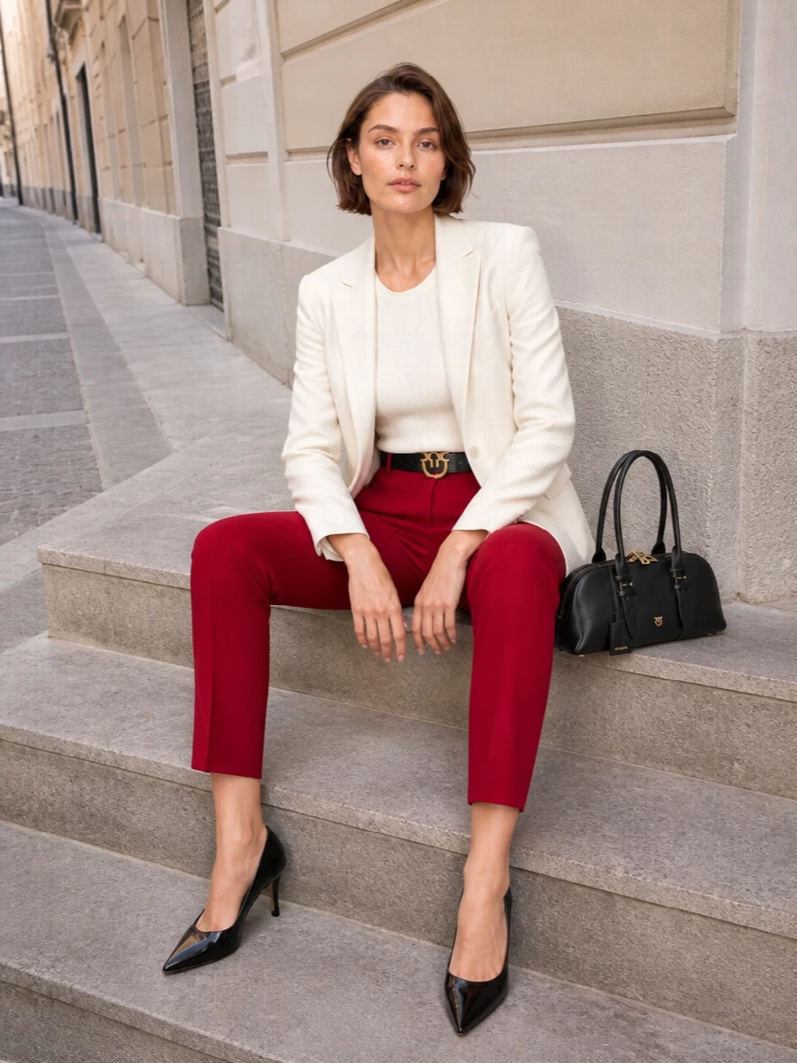 Pinko crimson trousers ivory blazer outfit