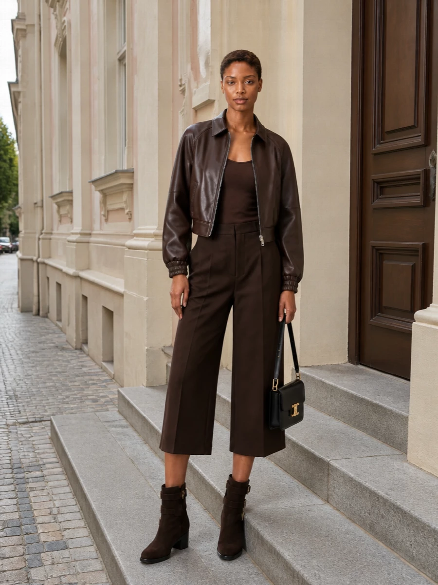 Celine brown leather jacket cropped culottes outfit