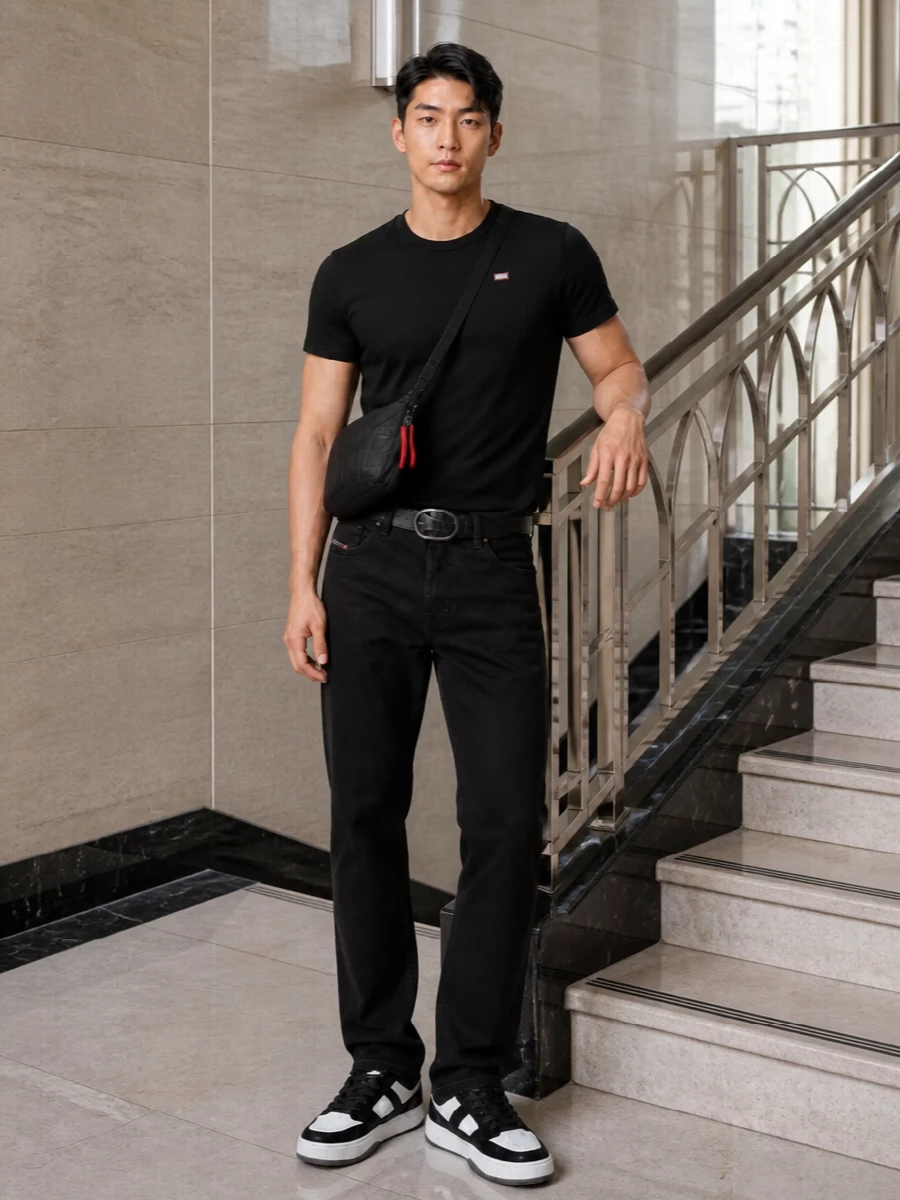 Diesel black tee black jeans sneakers outfit