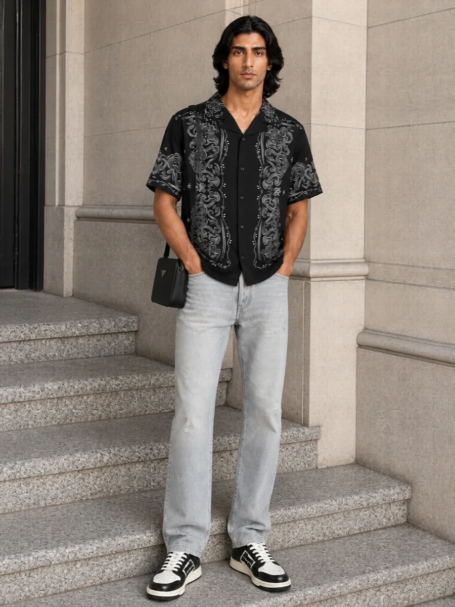 Amiri bandana shirt grey jeans prada bag outfit