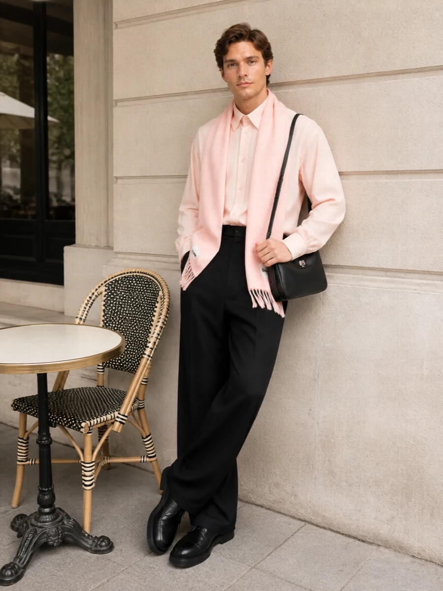 Balenciaga blush shirt black wide leg trousers