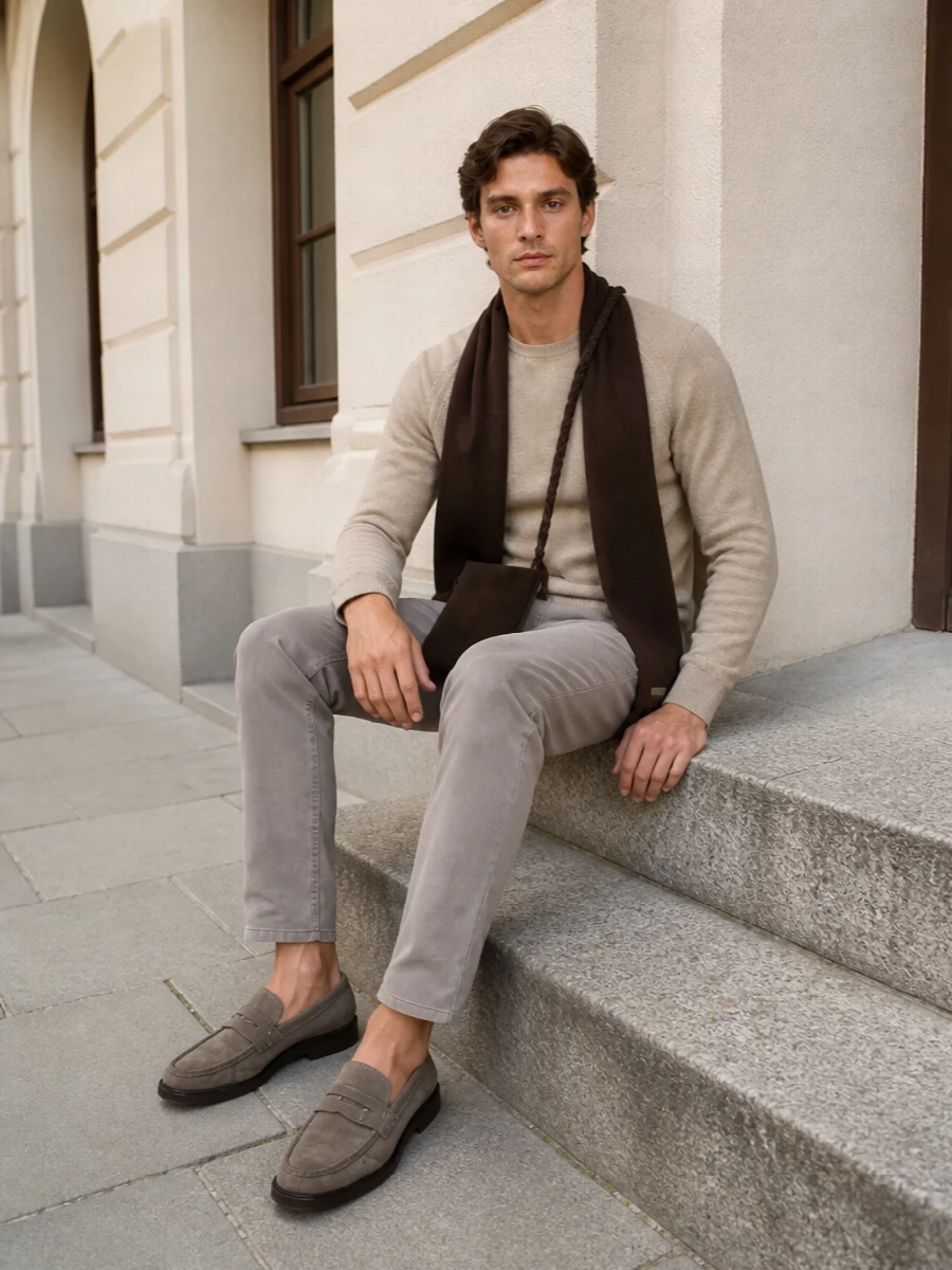 Soft taupe trousers and a fine beige crewneck set up a calm, tonal base that feels quietly precise rather than plain. Taupe suede loafers keep the line sleek while the rich brown suede bag and scarf add depth and texture, giving a composed city outfit that moves easily from daytime appointments to low-key dinners. Everything sits in a narrow band of neutrals, so the interest comes from fabric and proportion, not loud colour.