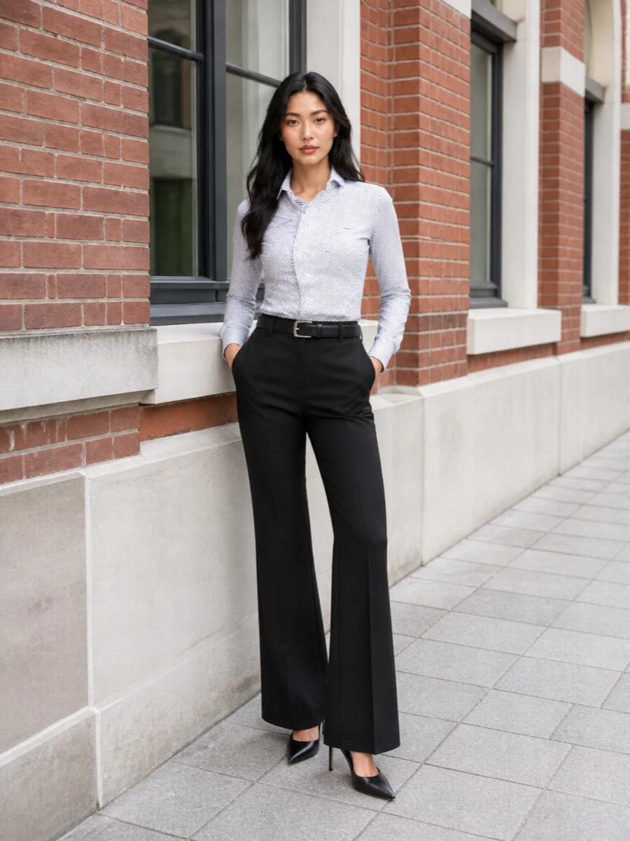 Charcoal flared tailoring is cut with a precise striped shirt, creating a clean vertical line that feels sharp but not stiff. A pointed black pump and structured black tote keep the palette disciplined and the attitude quietly confident. The slim black belt is the only punctuation, cinching the high rise to accentuate the length of the leg.