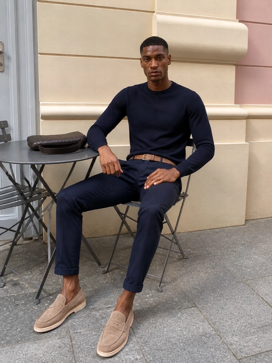 Brunello cucinelli navy trousers taupe loafers