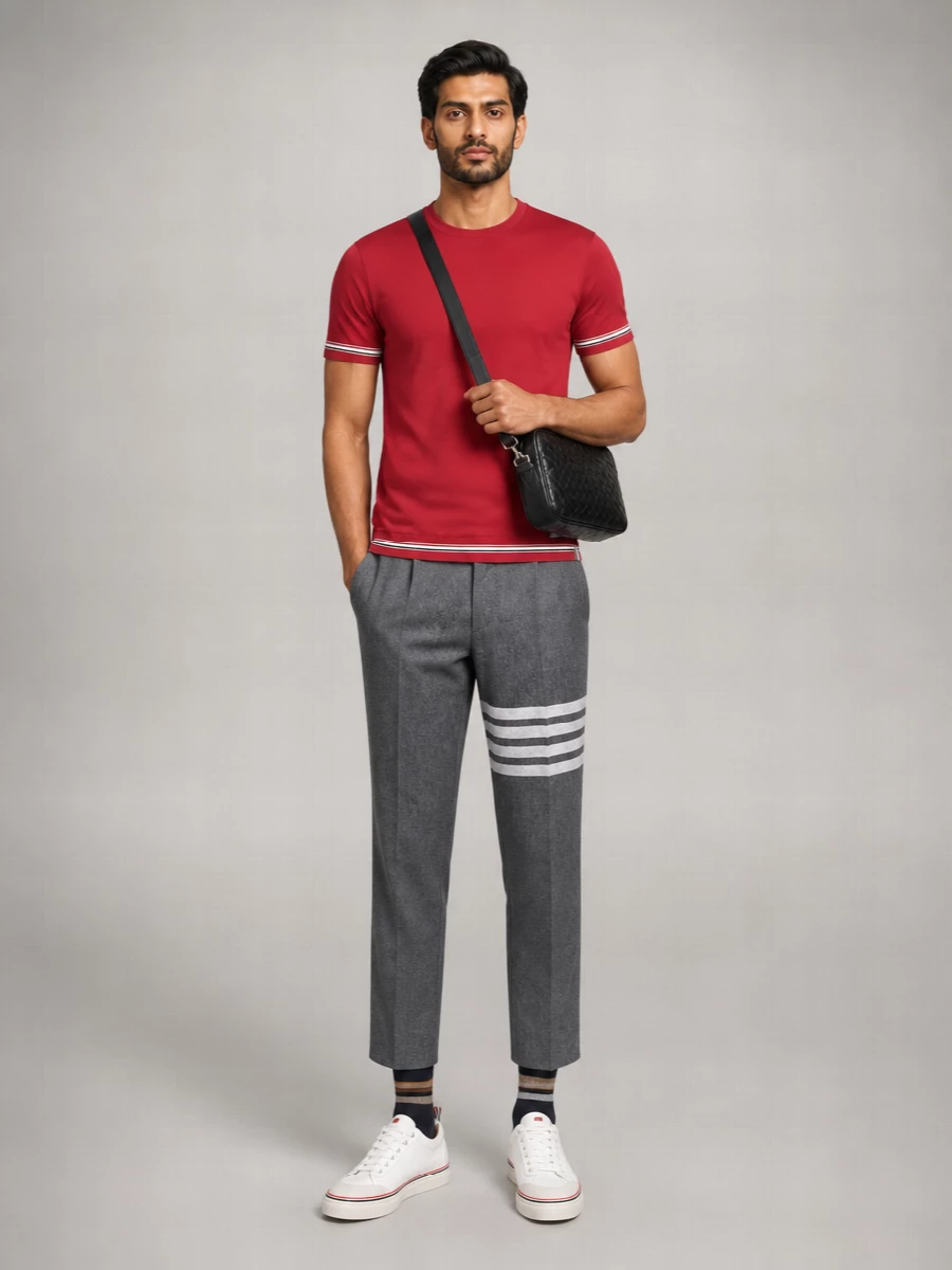 Thom Browne Ribbed Crew Neck Short-Sleeve Cotton T-Shirt