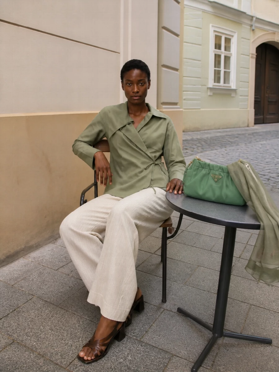 Dries van noten sage wrap blouse ivory wide leg