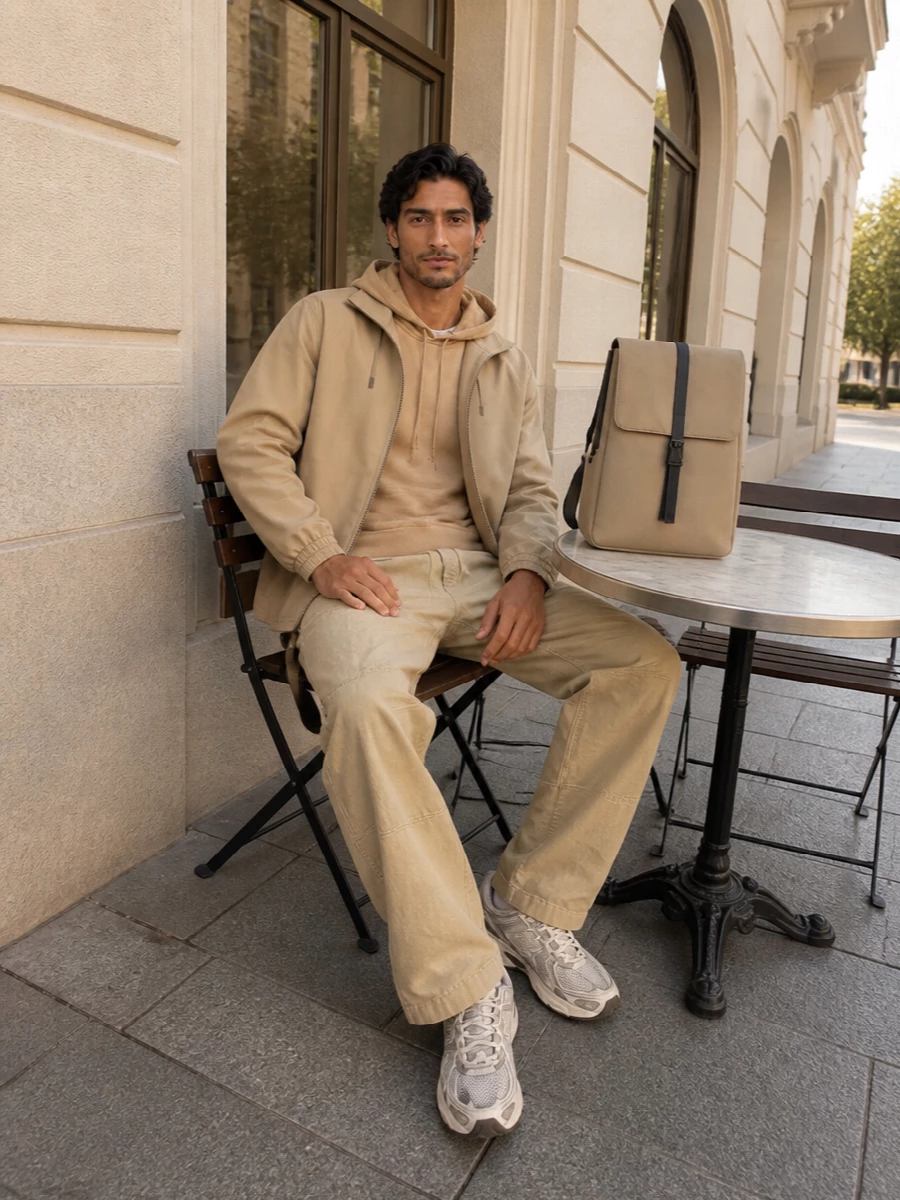 Rains sand jacket beige utility trousers outfit