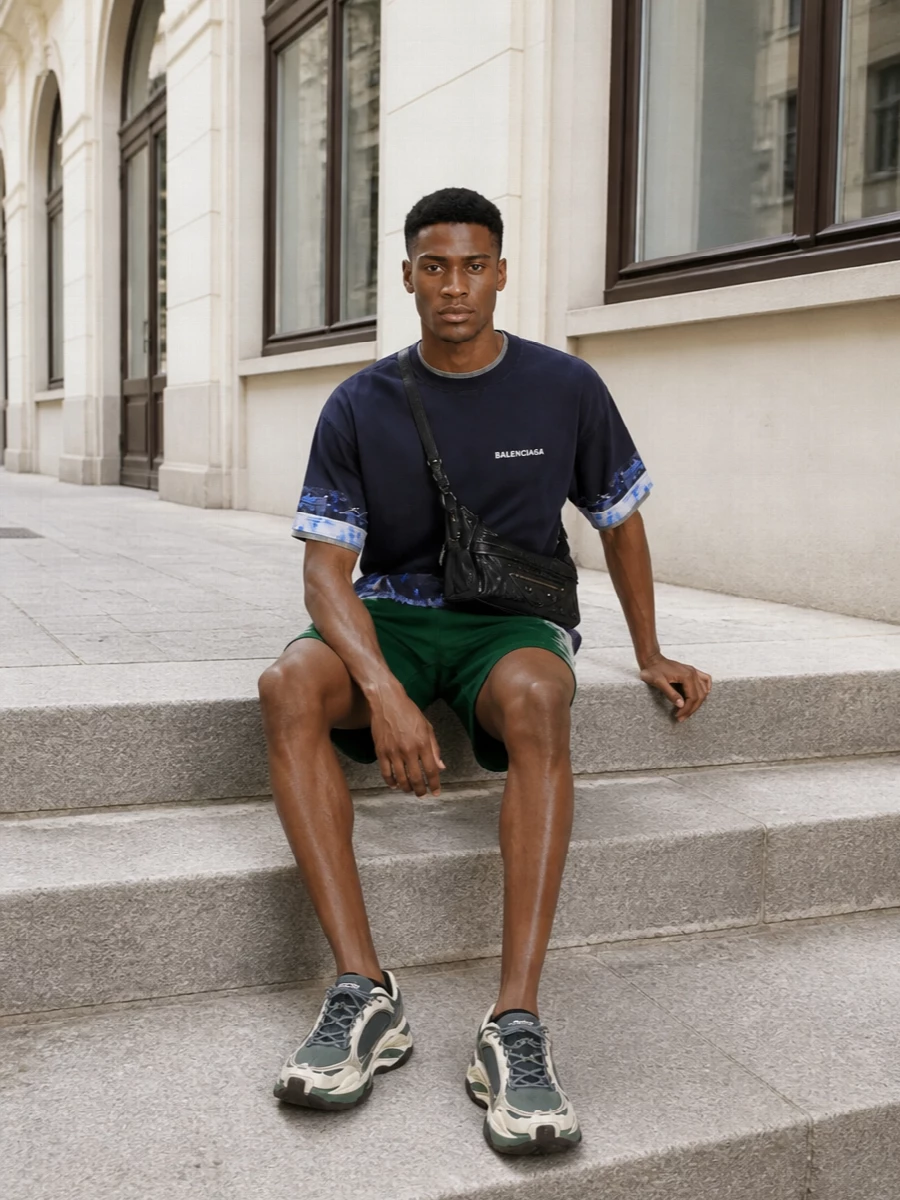 Balenciaga tie dye shorts navy tee green sneakers