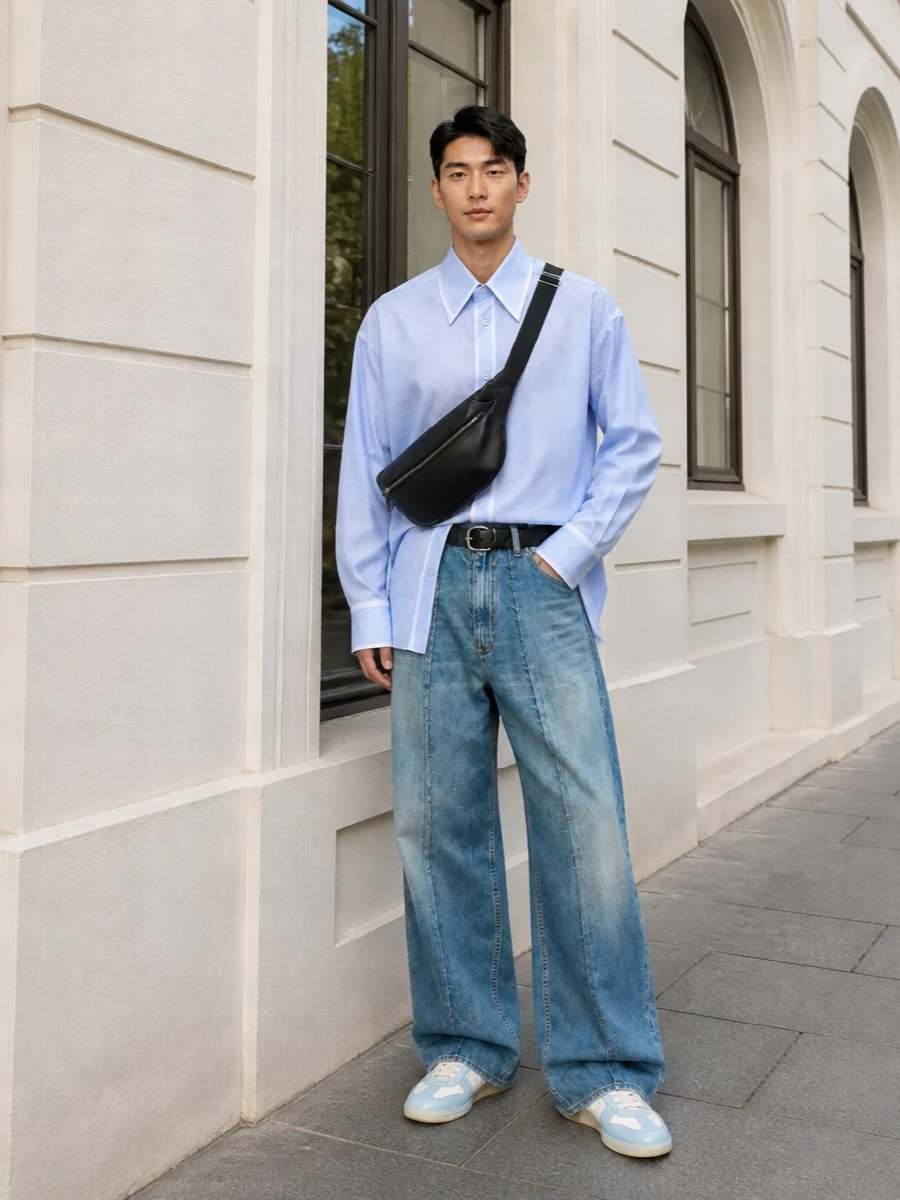 Margiela wide leg jeans blue shirt sneakers
