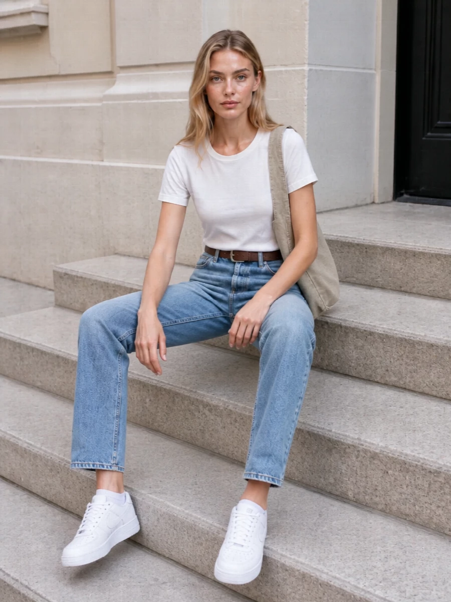 A white Our Legacy tee meets high-rise Totême denim for a clean, Scandi take on casual dressing. White Nike sneakers keep it crisp and easy, while a stone-beige cross-body and slim chestnut belt bring just enough quiet structure. The result is relaxed, minimal and city-ready without feeling overthought.