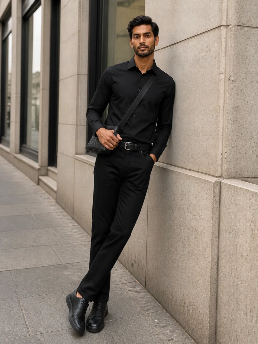 This look is a study in urban minimalism: deep-black Prada straight-leg trousers paired with a crisp, regular-fit black Prada shirt for a clean, elongated line. All-black low-profile sneakers keep the mood refined yet easy, while the intrecciato crossbody and slim belt add just enough texture and polish to underscore the quiet-luxury attitude without disturbing the monochrome calm.