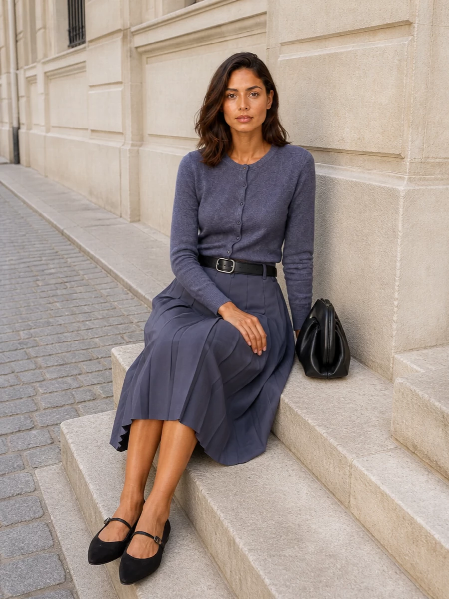 A slate-on-slate Dunst pairing keeps the mood calm and refined, with the cropped cardigan sitting exactly at the waist to frame the pleated midi cleanly. Black Mary Janes, a structured frame bag and a slim belt sharpen the line, giving you a quietly precise outfit that works from desk to dinner without feeling stiff. The result is minimal, preppy tailoring with just enough definition at the waist and shoulder to feel intentional, not fussy.