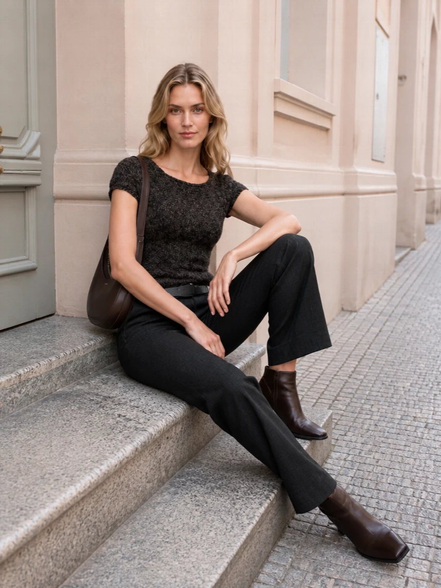 Charcoal pinstripe tailoring underlines the sculpted knit, creating a long, quiet column that feels precise without stiffness. Dark brown leather at the ankle and shoulder warms the monochrome, while a clean black belt sharpens the waist for gallery days that slide easily into late dinners.