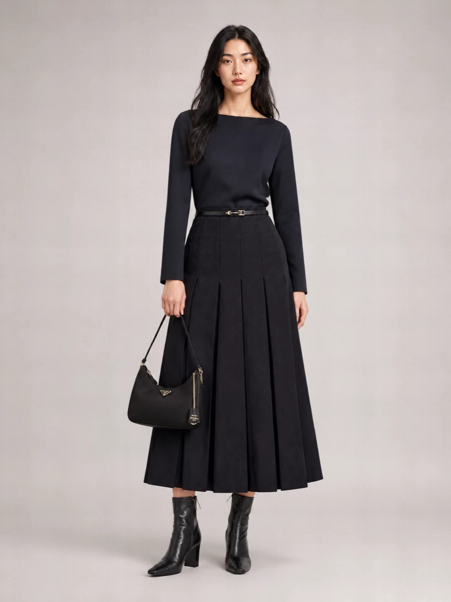 Studio Nicholson wool asymmetric pleated midi skirt