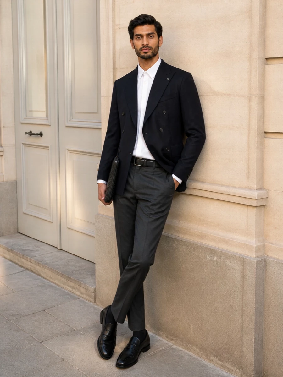 Tagliatore blazer charcoal trousers tods loafers
