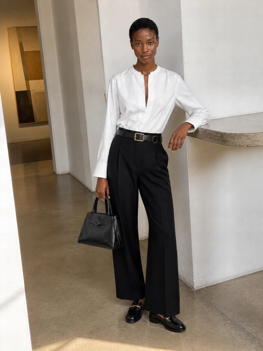 A crisp longline white shirt and high-waist black wide-leg trouser create a precise, elongated silhouette that feels thoughtful but not overworked. A low-heeled black loafer, structured trapeze bag and slim black belt keep the palette tight and the attitude quietly assured for city days that run into evening. The result is a modern uniform built on clean lines and subtle structure rather than overt statement pieces.