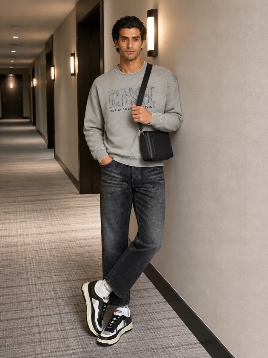 Diesel grey sweatshirt washed black jeans outfit