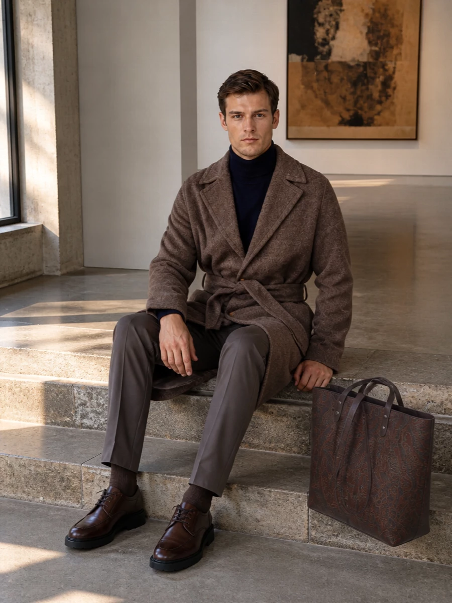 Etro coat navy turtleneck taupe trousers outfit