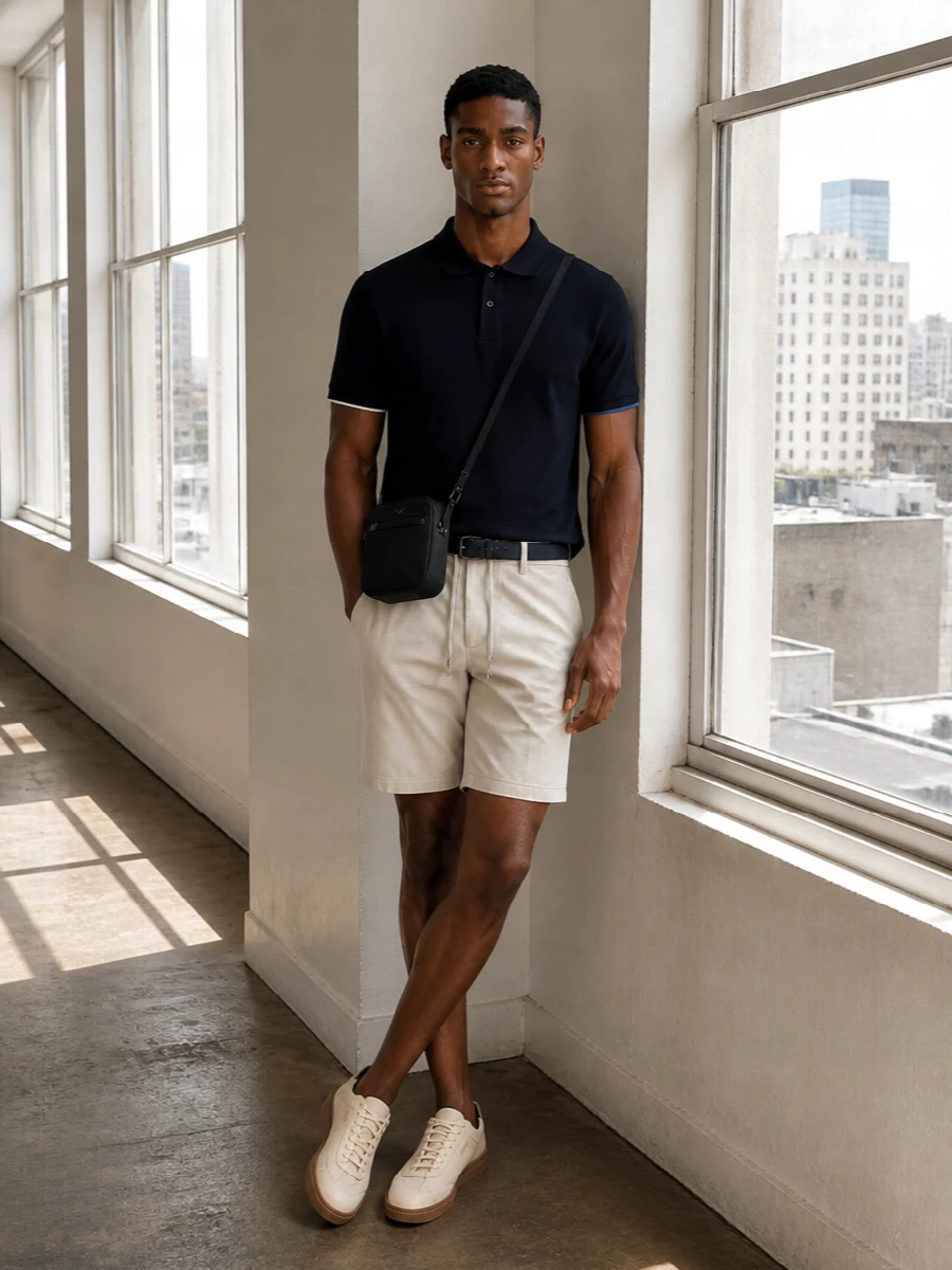 A navy polo sits over light stone tailored-drawstring shorts for a clean, modern take on warm weather smart-casual. Cream gum-soled sneakers and a compact black crossbody keep the palette soft and neutral while still feeling city-ready. The navy belt quietly ties everything together so the outfit reads composed but relaxed from terrace lunches to casual Fridays.